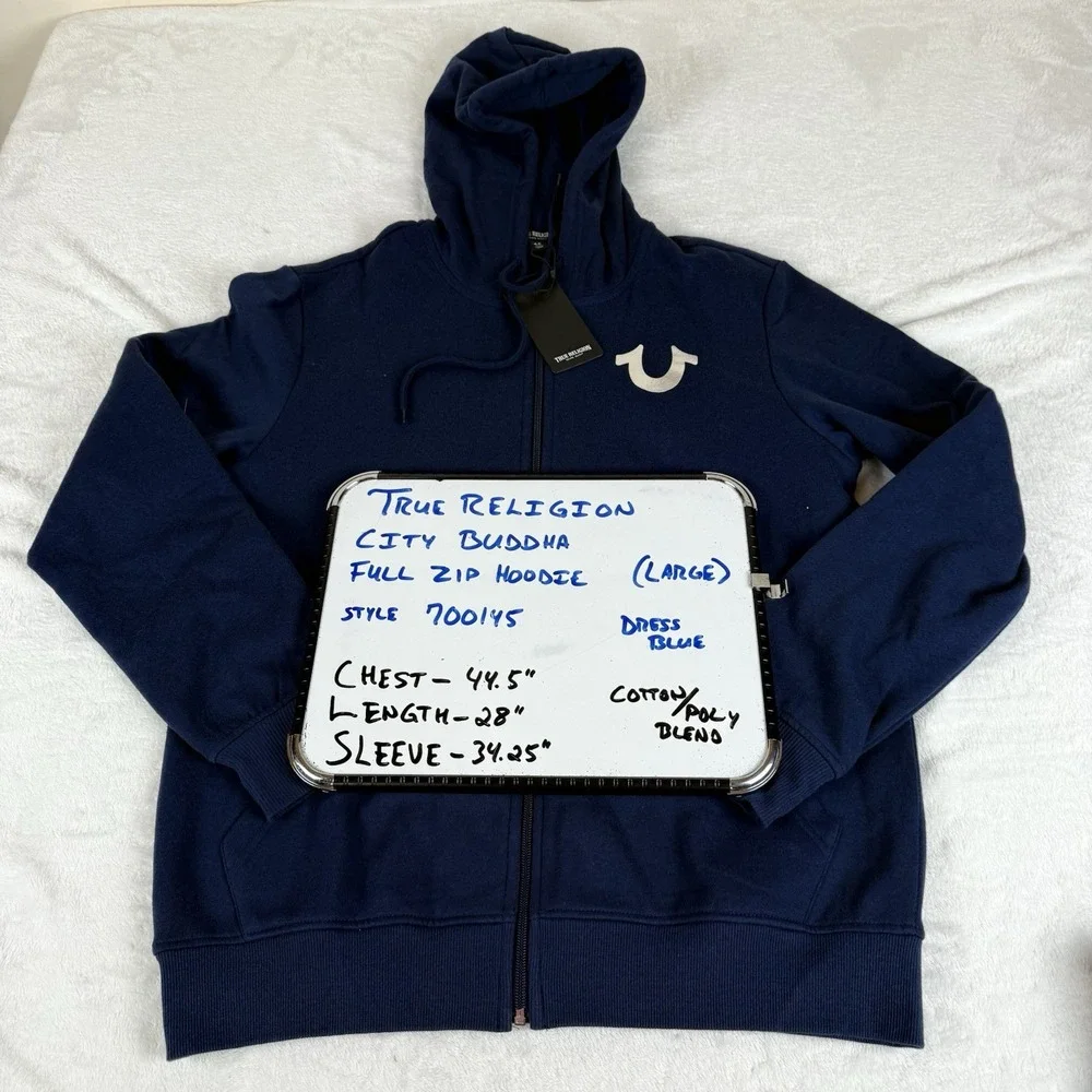 True Religion City Buddha Full Zip Hoodie Jacket Mens Large Blue New 44.5